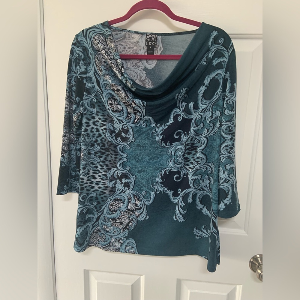 CLARA SUNWOO Teal Printed Cowl Neck Tunic